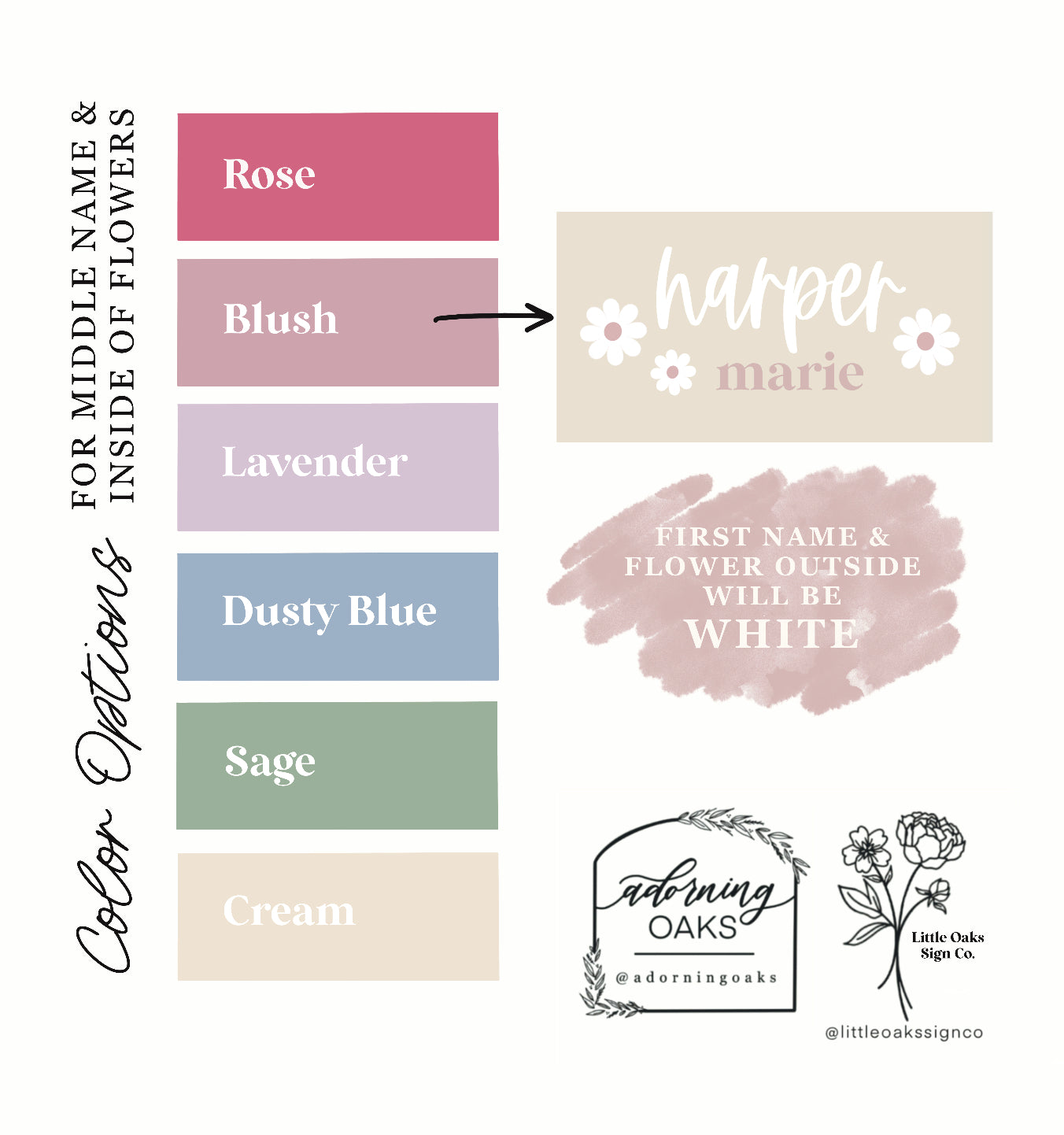 Color swatches for personalized name and flower design with 'harper marie' example.