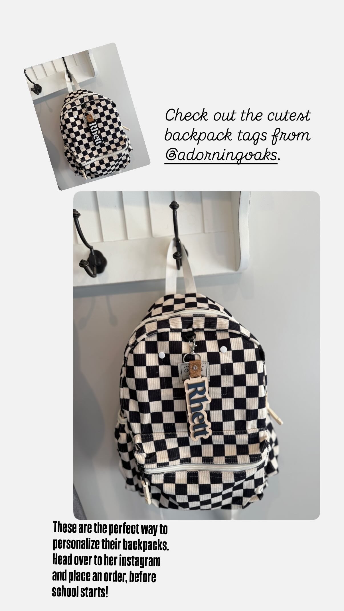 Black and white checkered backpack with tags on a white background