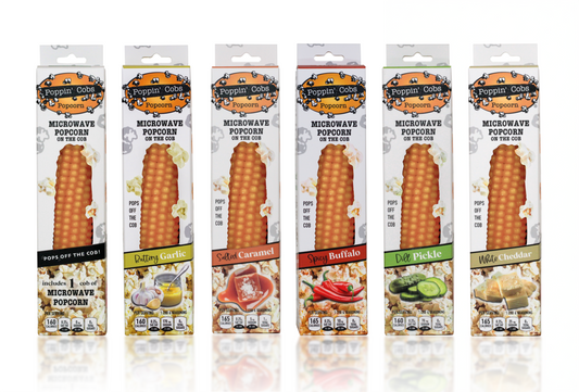 A collection of six single packs of Poppin' Cobs popcorn in various flavors, each packaging displays the flavor name and a visual representation of the popcorn on a white background.