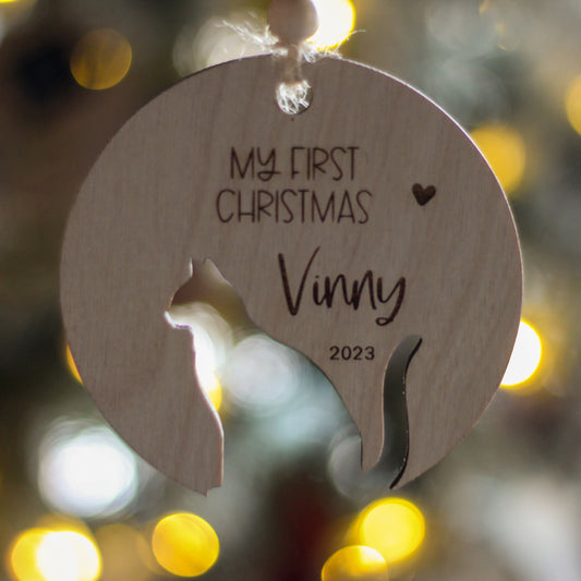 My First Christmas, cat shaped ornament, wooden
