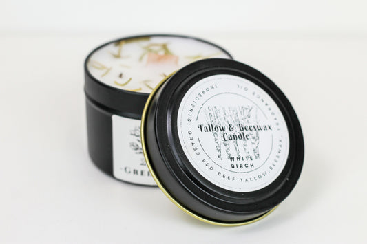 Tallow & Beeswax Candle White Birch lid open