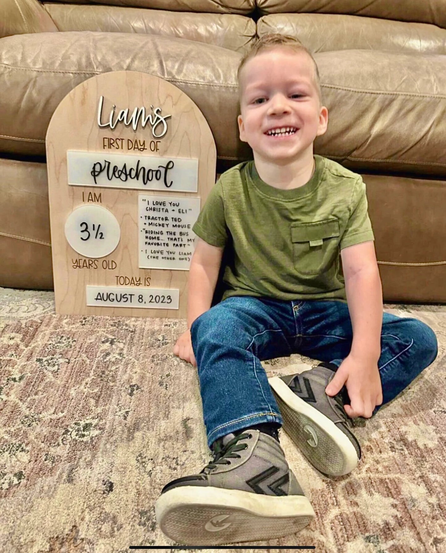 Liam's First day of Pre school sign with fill in the blank white board