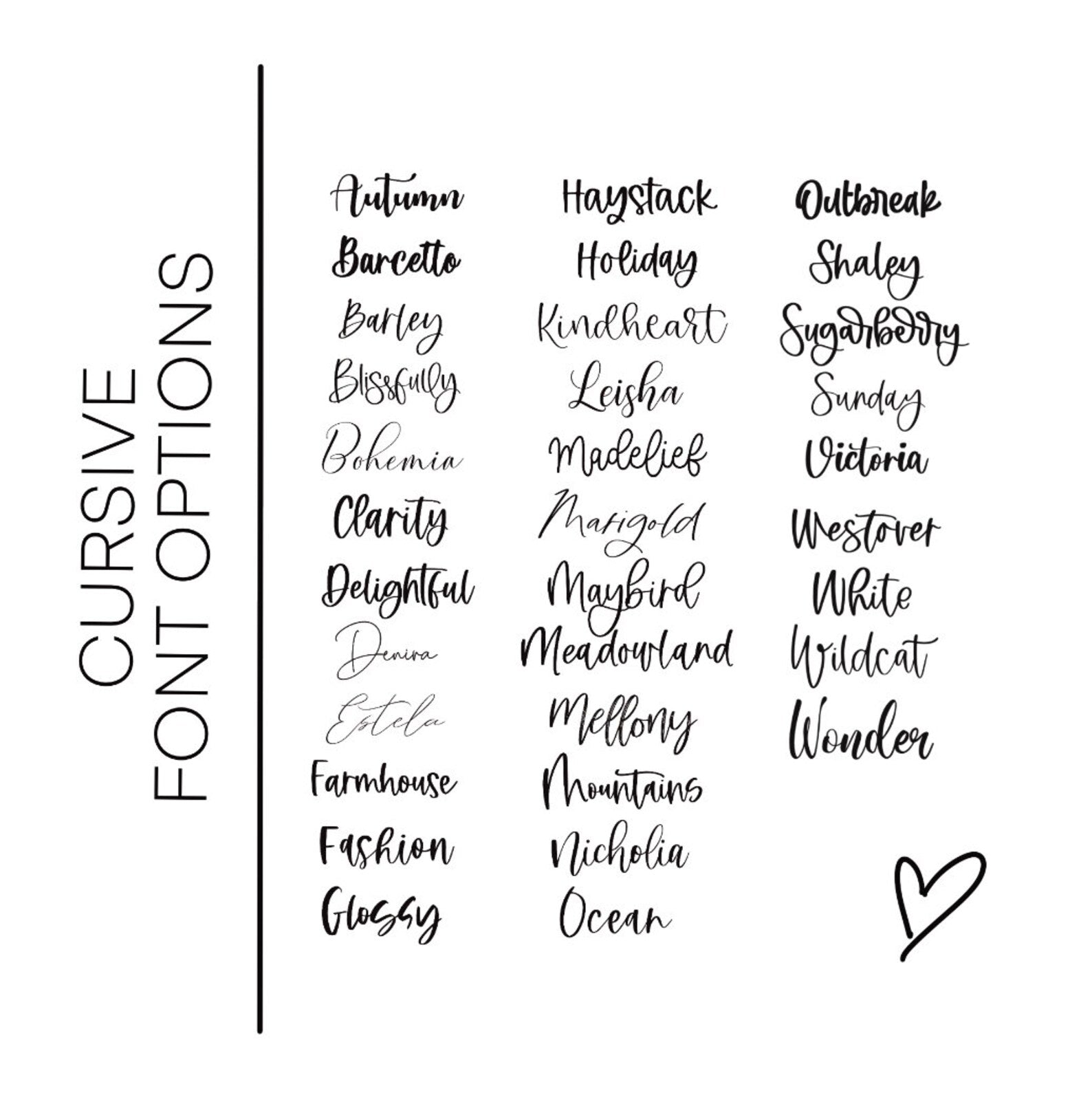 Cursive Font Options List