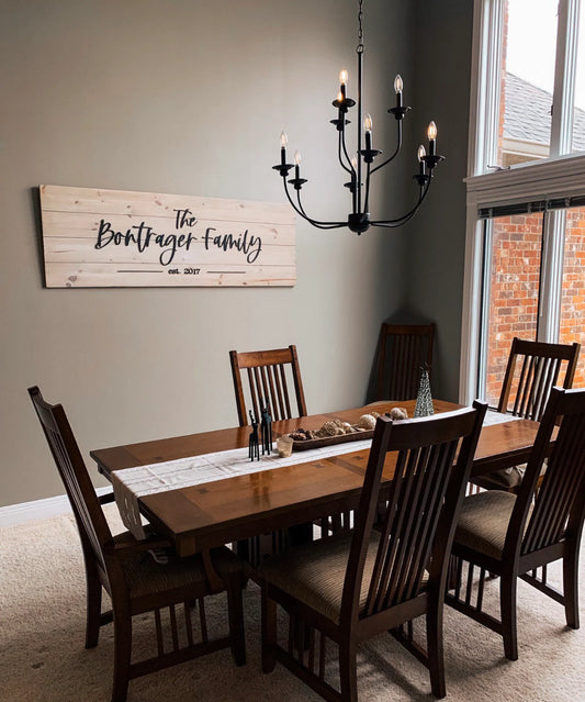 Wooden Family name sign in dining room