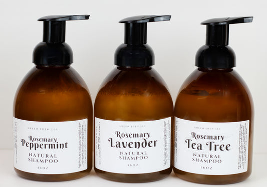 Three pump bottles labeled Rosemary Peppermint, Rosemary Lavender, and Rosemary Tea Tree, each with a different scent, arranged side by side on a white background.