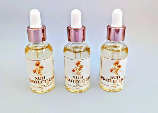 Three bottles labeled 'Sun Protection' with dropper caps, indicating they contain face serum with SPF and rosehip oil for sun protection.