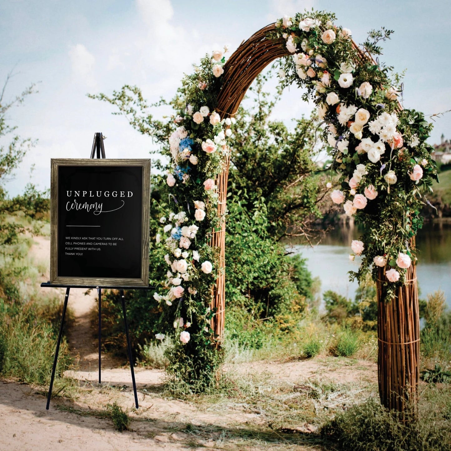 Black Unplugged Ceremony Sign with White Cursive Font