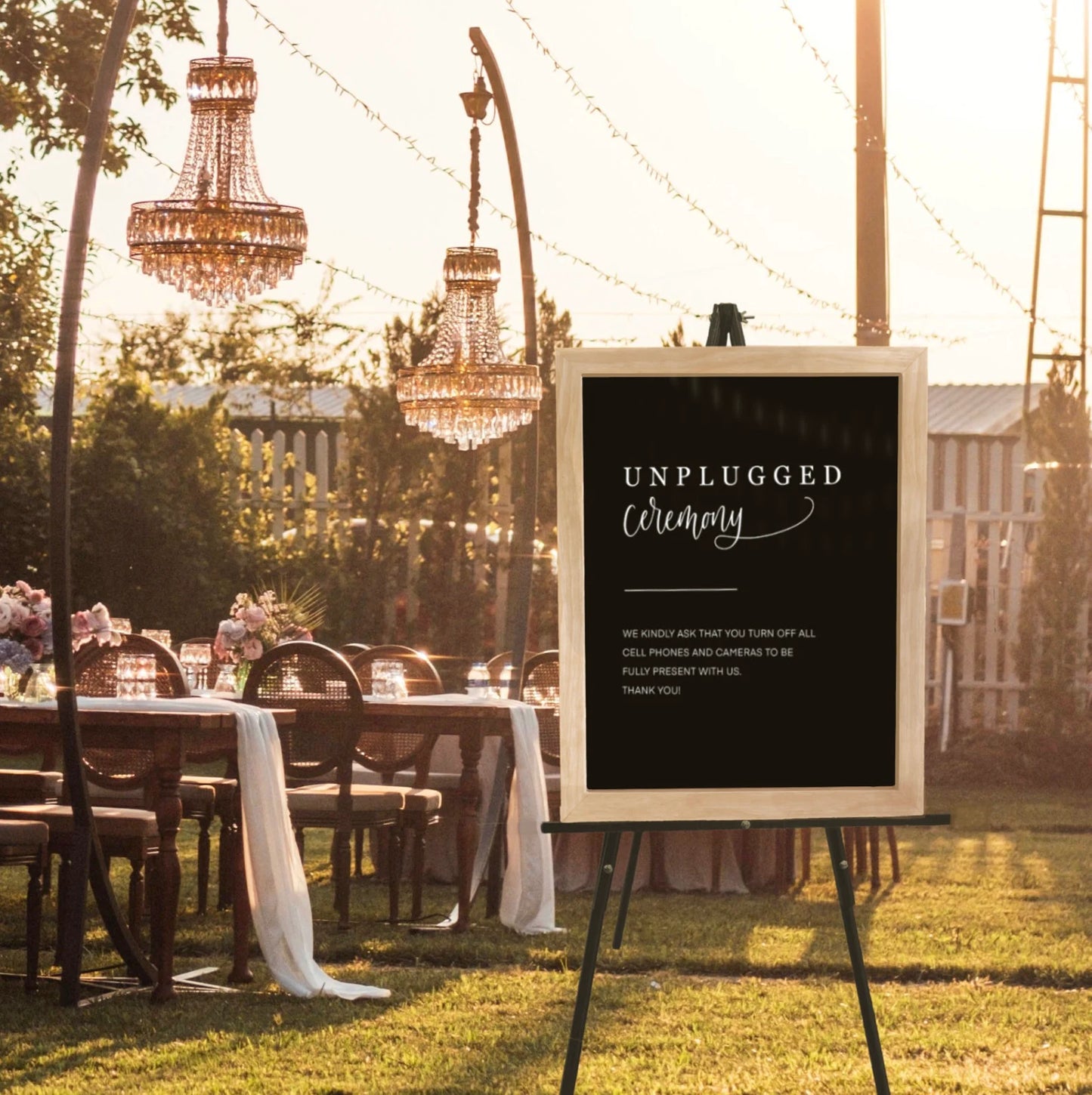 Black Unplugged Ceremony Sign with White Cursive Font
