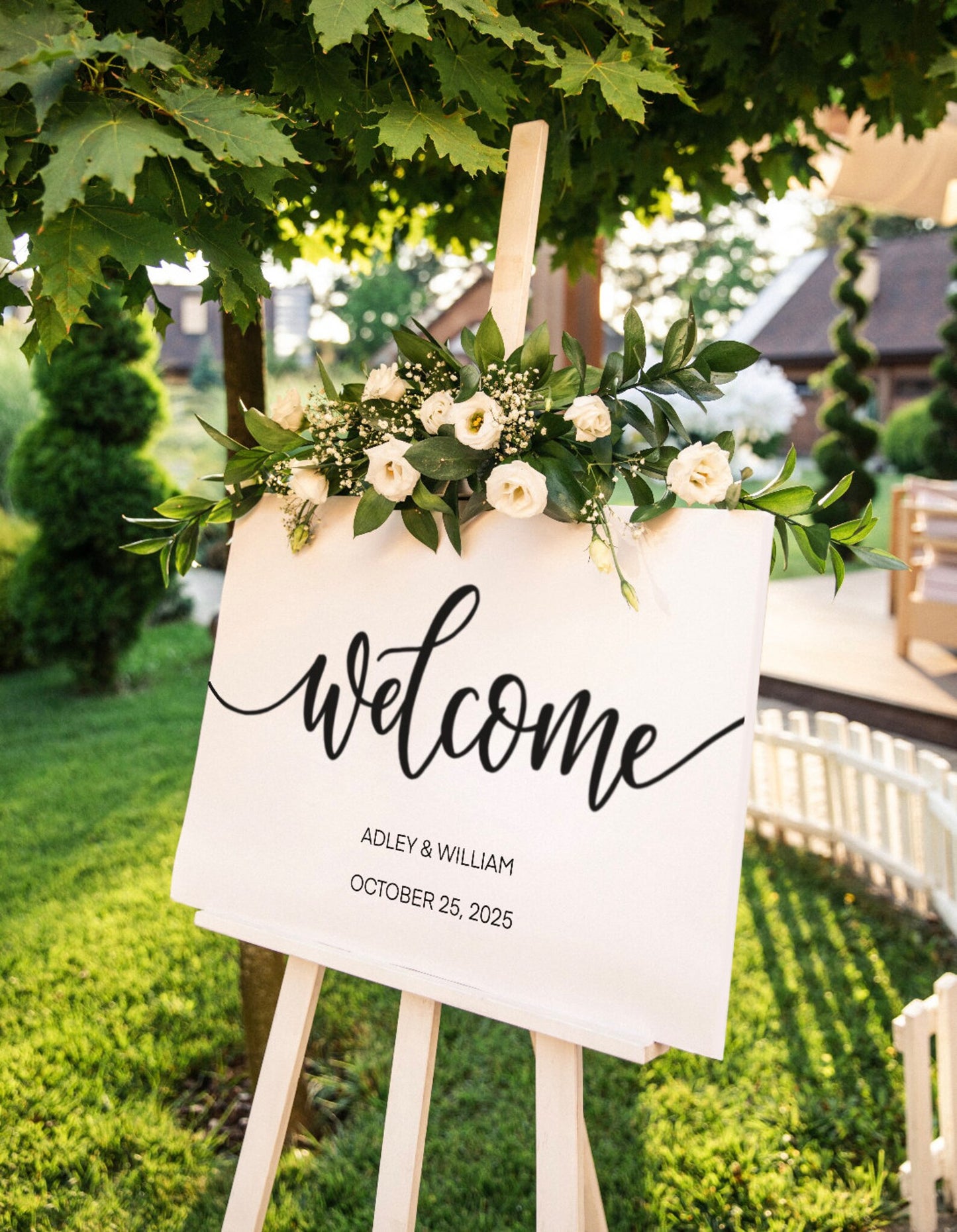 White Wedding Welcome Sign with Handwritten Font