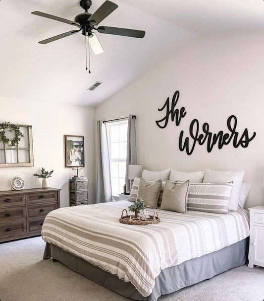 A wooden cutout with the word 'The Werners' in a large, bold font, mounted on a wall above a bed, with a fan-like ceiling fan in the background.