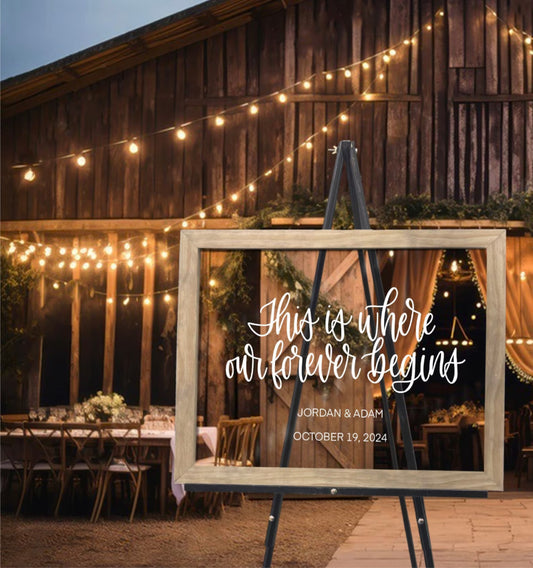 "This is where our forever begins" Clear Acrylic Wedding Sign