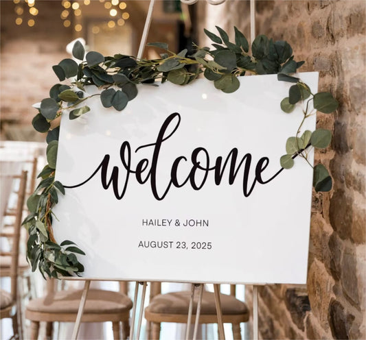 White Wedding Welcome Sign with Handwritten Font