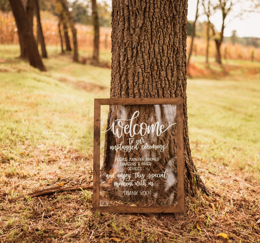 Acrylic Unplugged Wedding Sign, Wedding Welcome Sign, Wooded Frame, Clear Wedding Sign, Personalized Wedding Decor